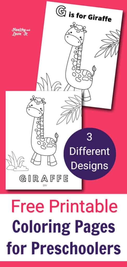 Here are some free printable giraffe coloring sheets that can introduce your child to the letter G.  There is also a plain giraffe image to color.